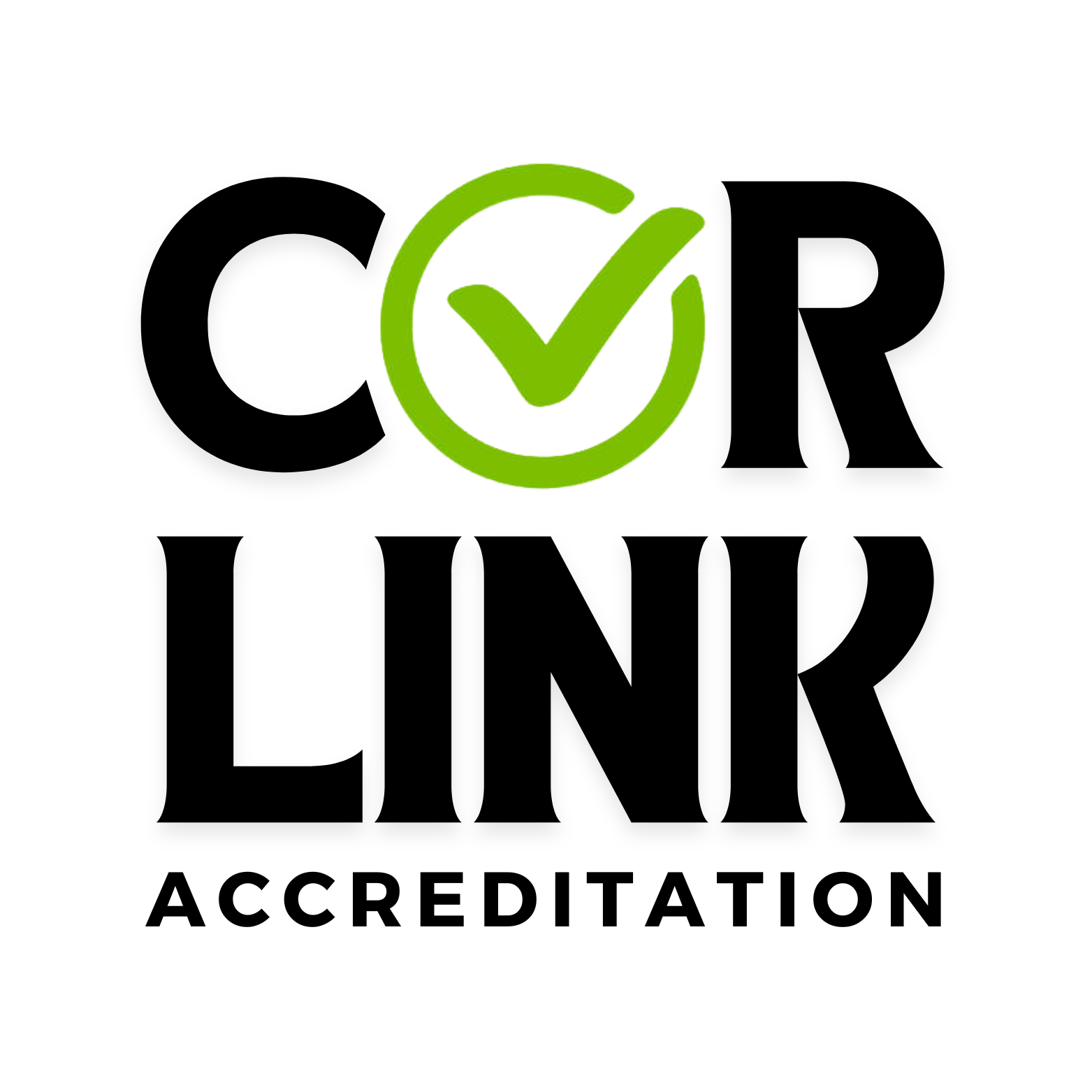CORLNR Accreditation logo in black and green with a green checkmark in the O