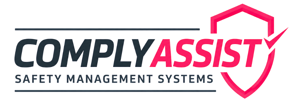COMPLYASSIST logo with gray and pink shield icon and “Safety Management Systems” tagline