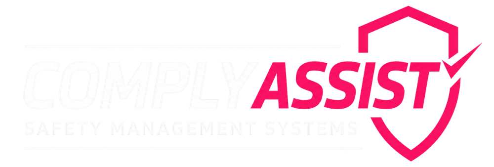 ASSIST logo in pink with a shield outline and faint gray text in the background