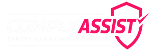 ASSIST logo in pink with a shield outline and faint gray text in the background
