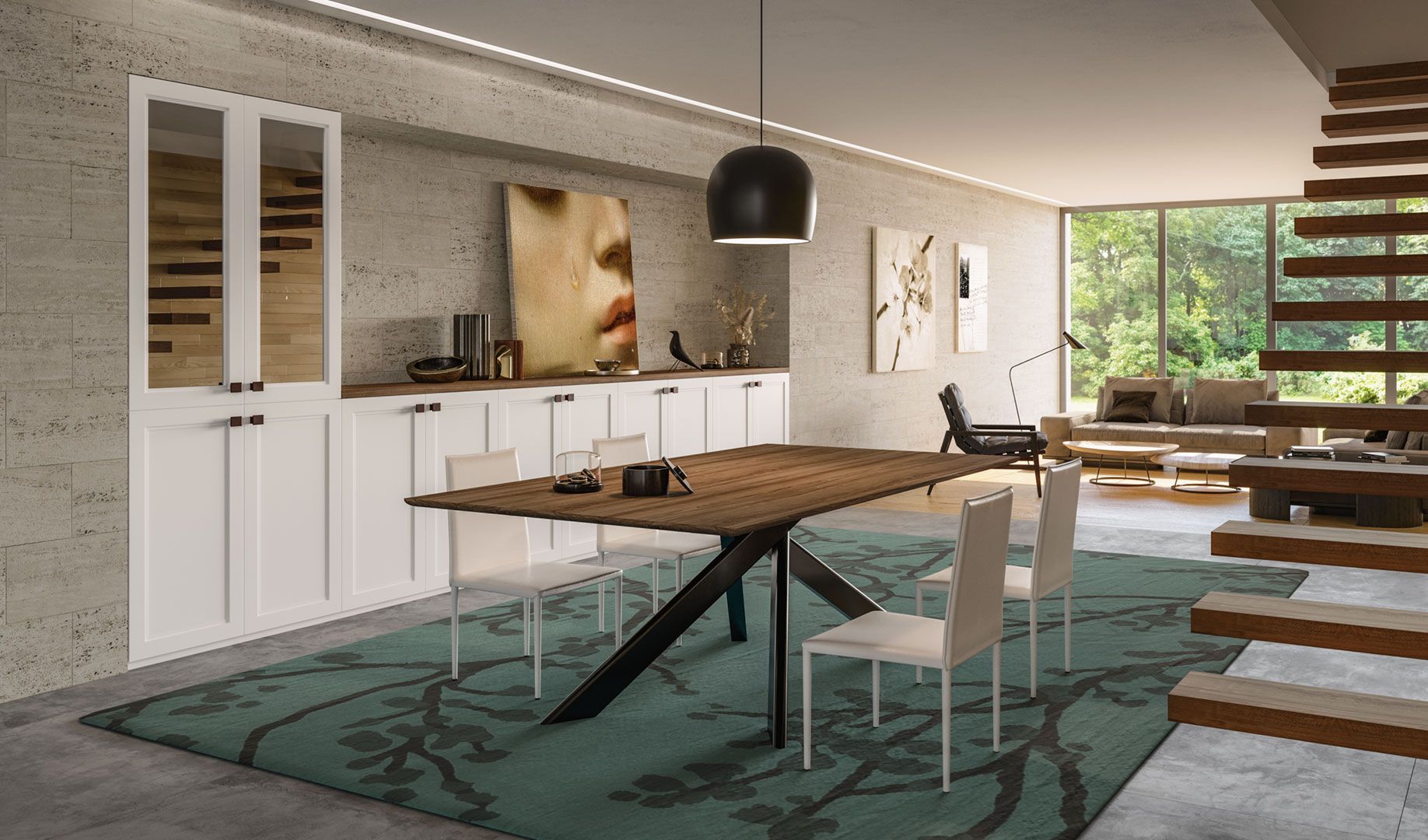 una sala da pranzo con un tavolo in legno e sedie