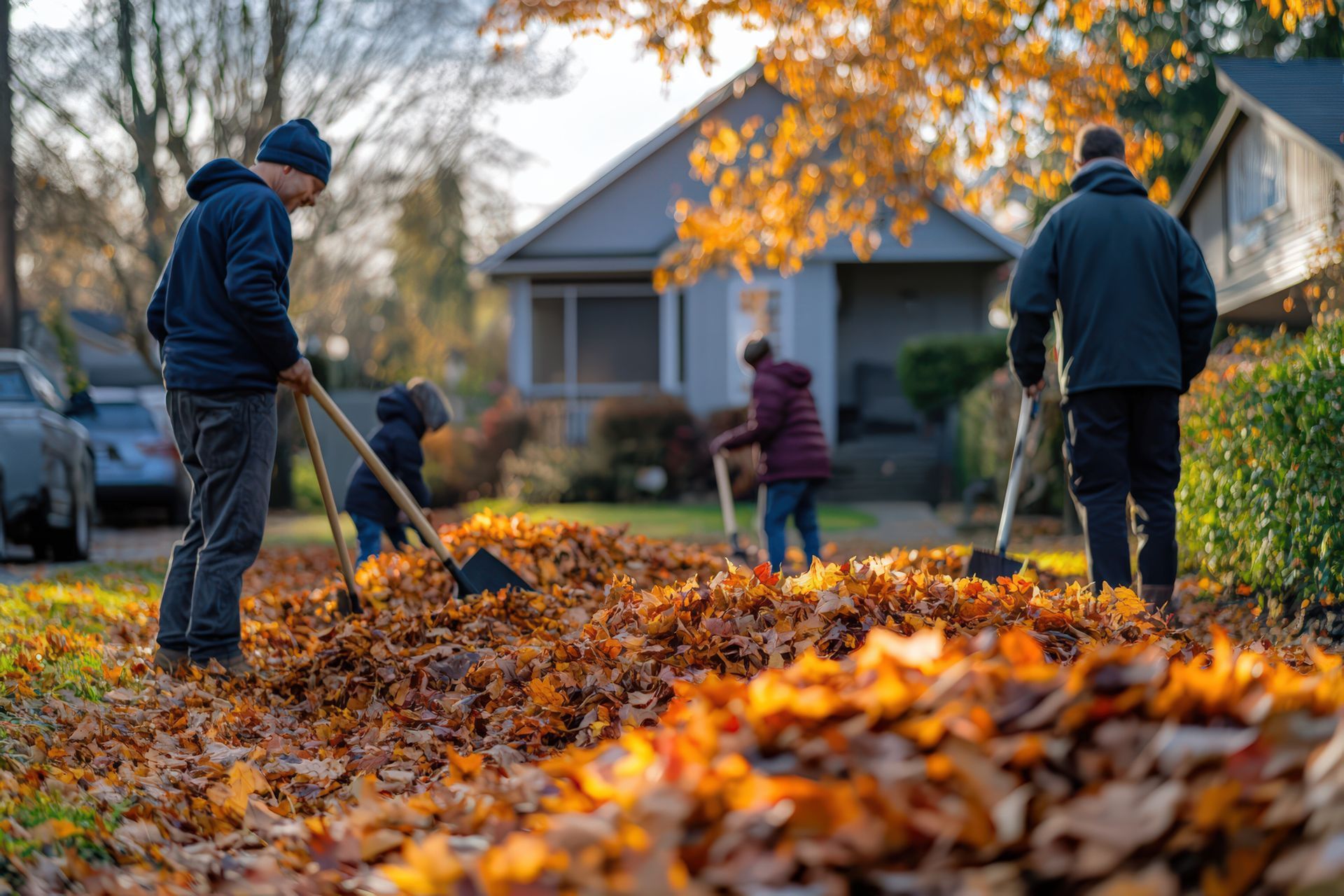 A family is raking leaves in front of a house.