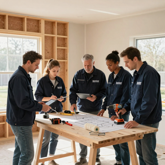 Five people collaborating around a workbench in a bright unfinished room, examining plans and tools