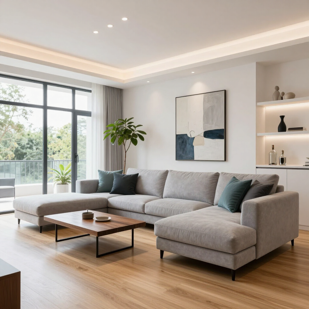 Modern living room with gray sectional sofa, wooden coffee table, large windows, and minimalist decor.