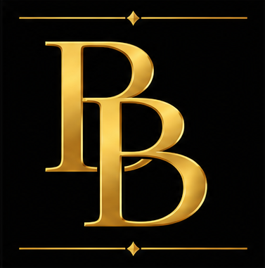 Gold monogram logo with intertwined P and B letters on a black background