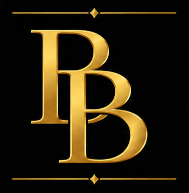 Gold PB monogram logo on a black background with thin gold lines and diamond accents