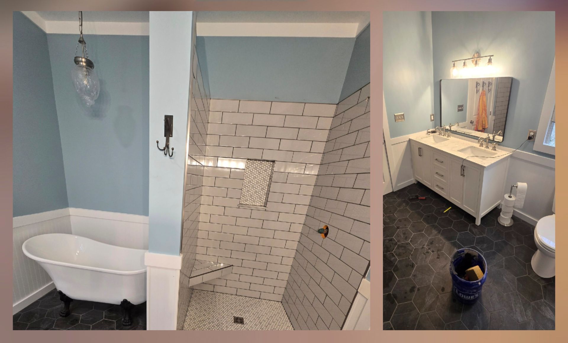 Bathroom remodel collage with white tub, blue walls, tiled shower, and vanity with mirror￼