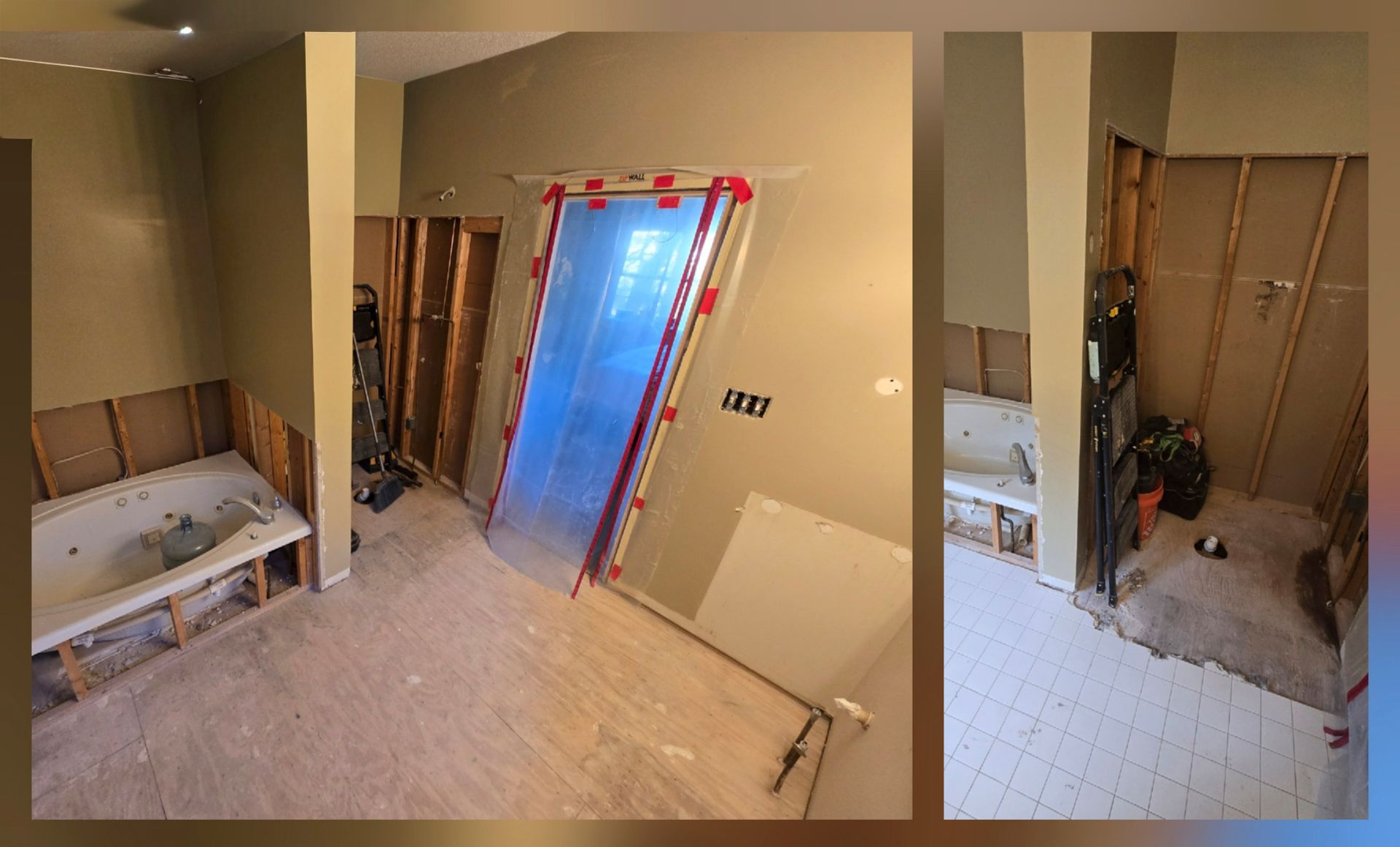 Construction area with blue door frame taped off, unfinished walls, and bathroom fixtures in a partially renovated room