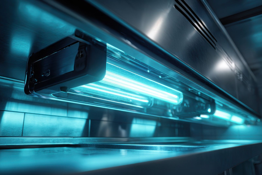 Futuristic blue-lit transit tunnel with glowing light bars and metallic walls