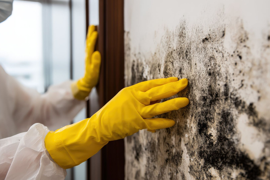 Gloved hands cleaning black mold from a wall with a cloth.