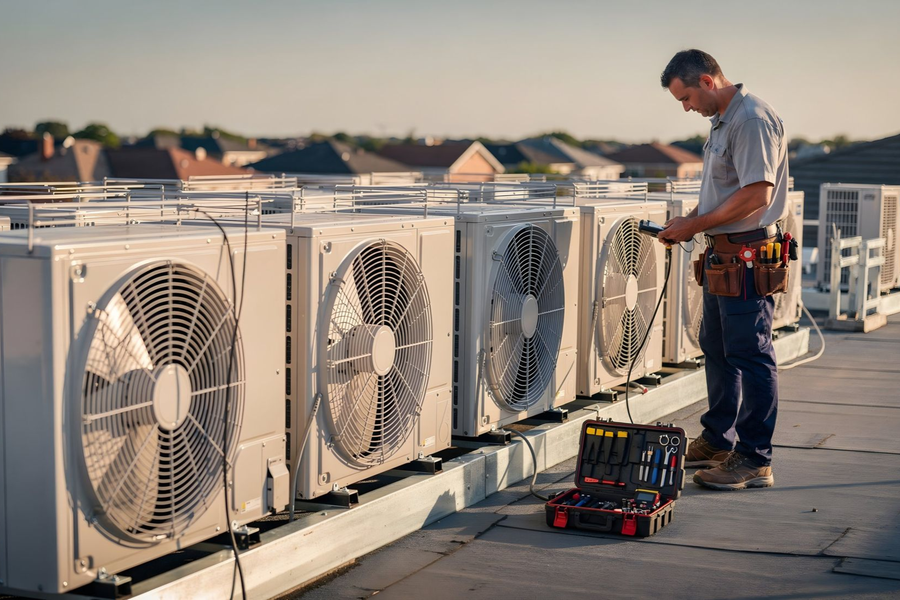 Technician inspecting rooftop HVAC units with tools on a sunny day