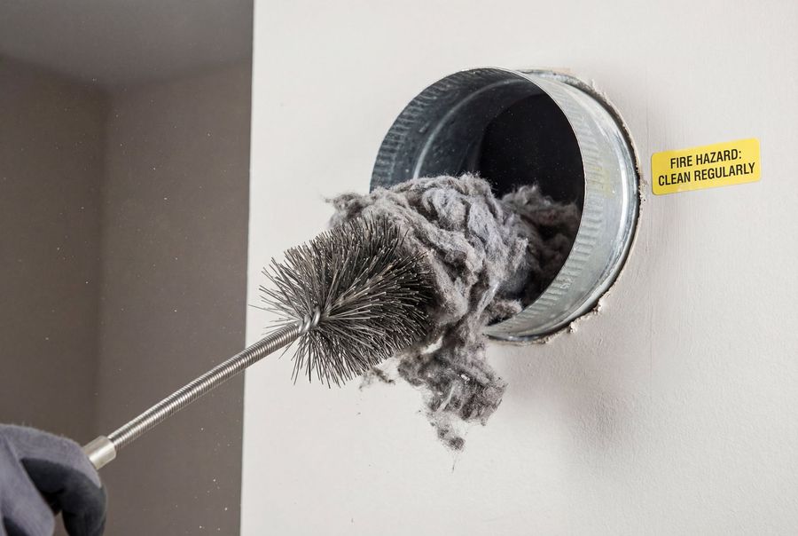 Lint brush cleaning dryer vent opening with gray lint on wall.