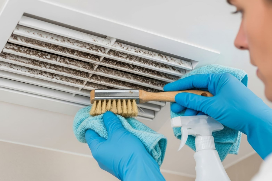 Blue-gloved hands cleaning a dusty ceiling air vent with a brush and spray bottle