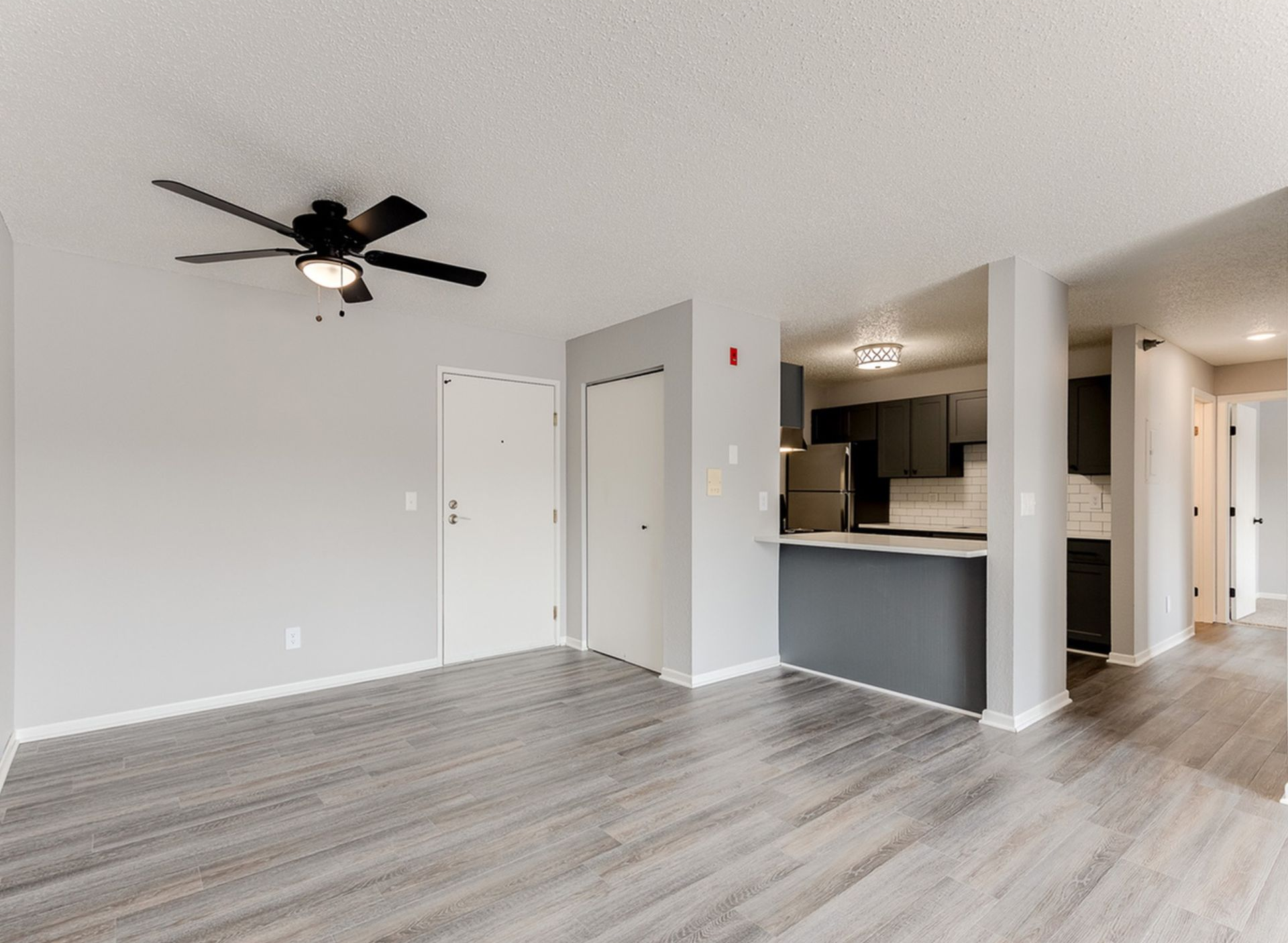 Living area with gray walls, wood-look flooring, ceiling fan, and open kitchen.