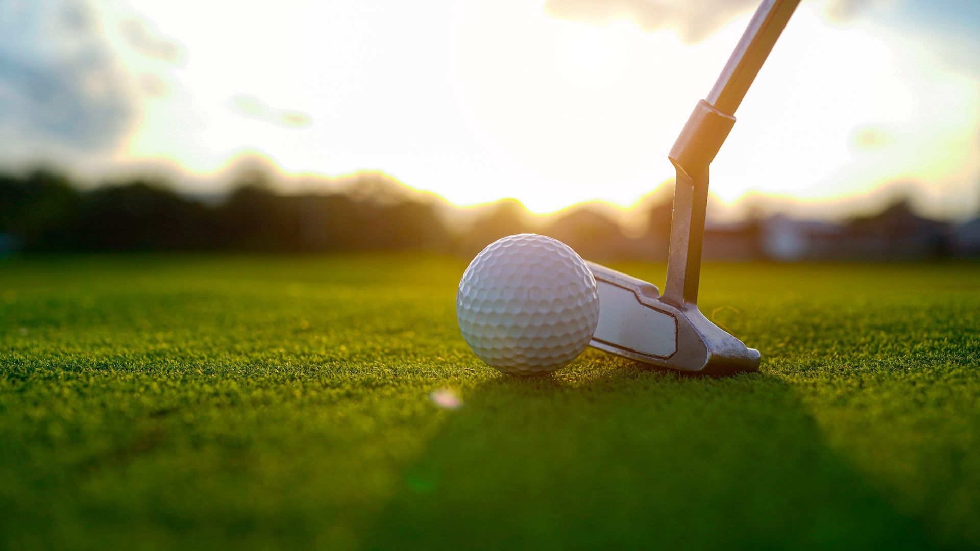 Golf ball near putter on green grass, sunset in background.