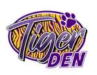 Purple-and-gold Tiger Den logo with tiger-striped oval and paw print