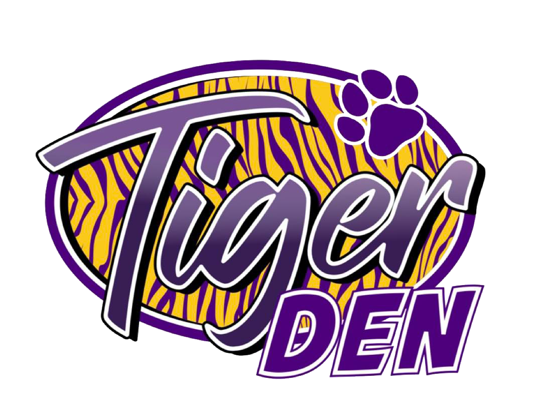 Purple-and-gold Tiger Den logo with tiger-striped oval and paw print