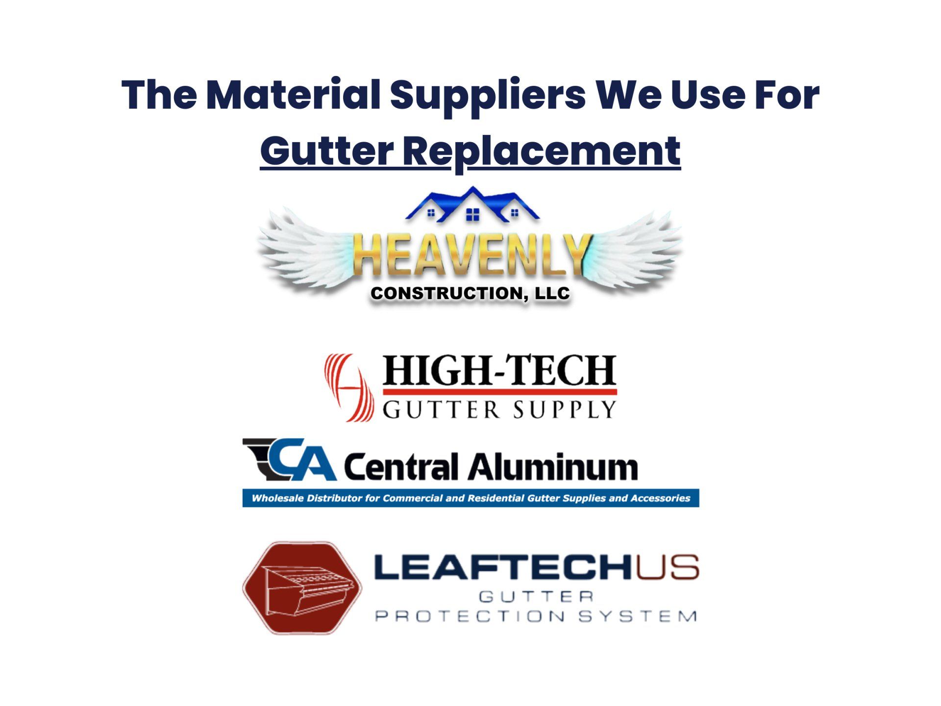 High-Tech Gutter Supply, Central Aluminum, and LEAFTECH US logos.