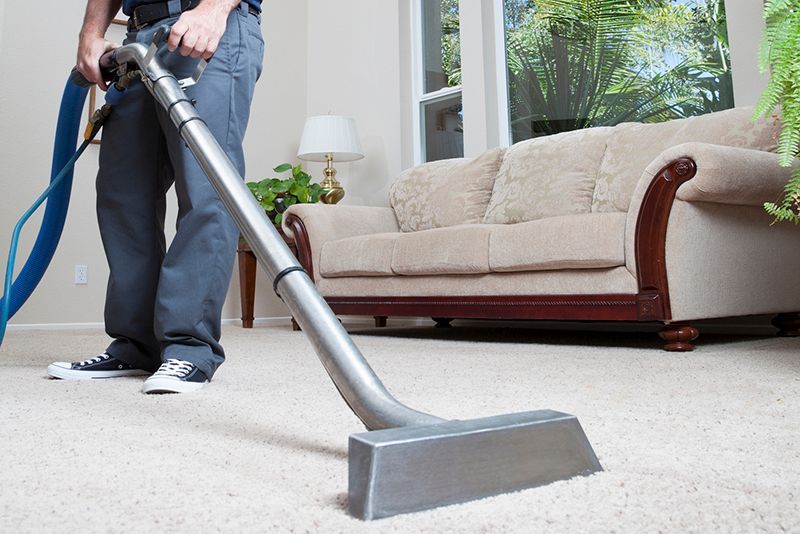 Person vacuuming a beige carpet in a bright living room with a blue hose and silver floor nozzle