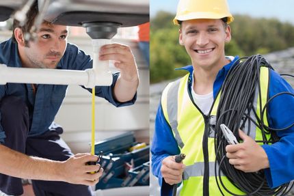 Two technicians working on equipment: one using a tool under a car, the other smiling in a hard hat with cables.