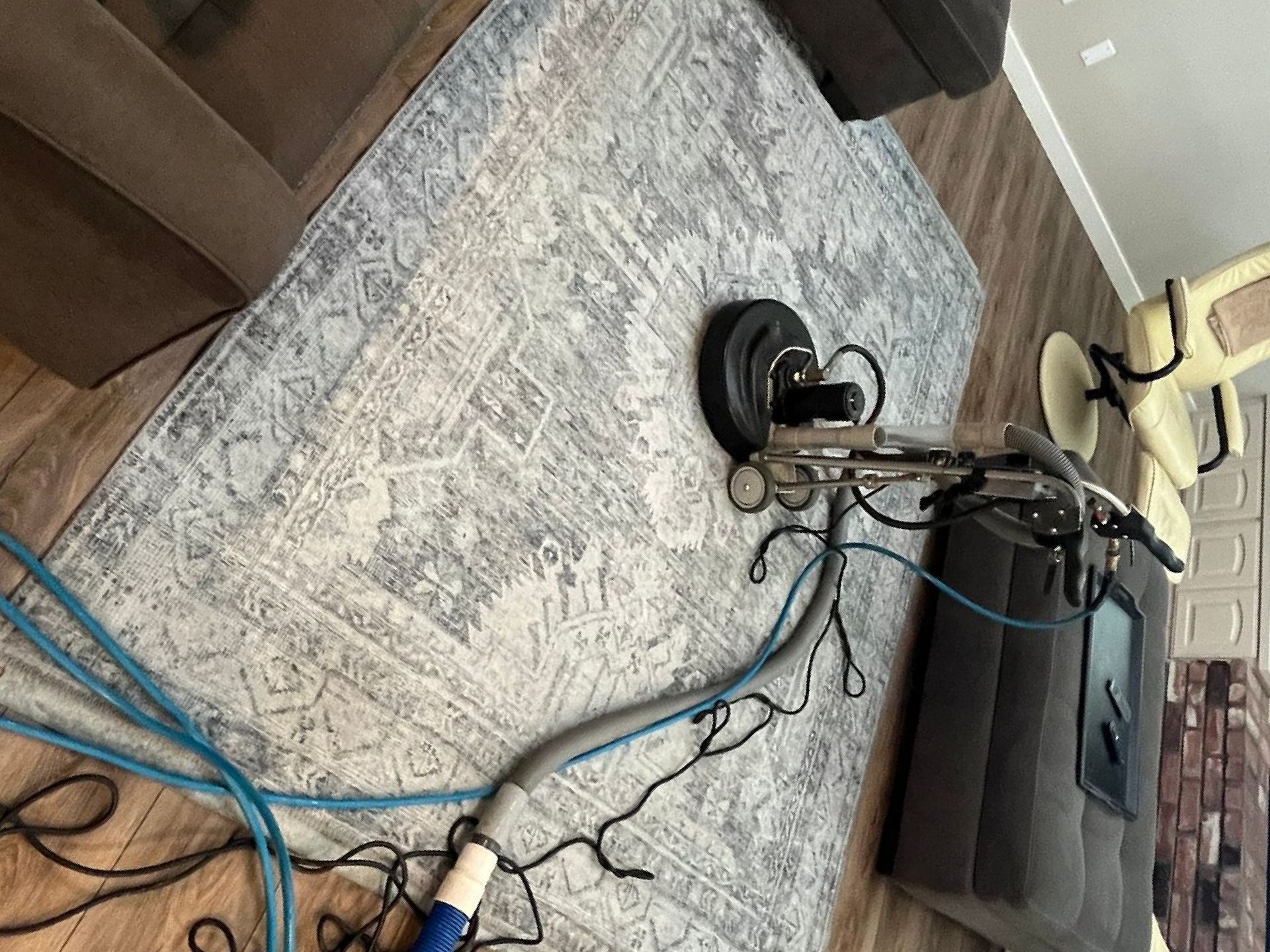A vacuum cleaner is cleaning a rug in a living room, carpet and rug cleaning