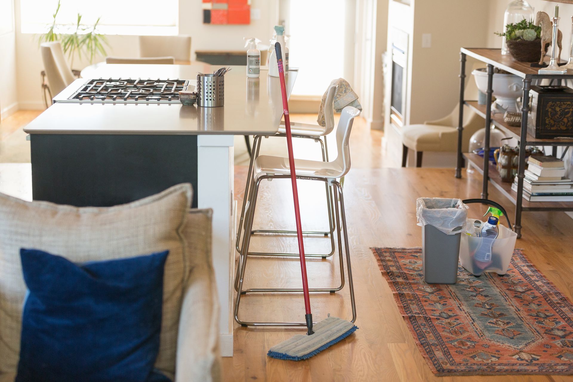 A mop is sitting on the floor in a living room. company cleaning house