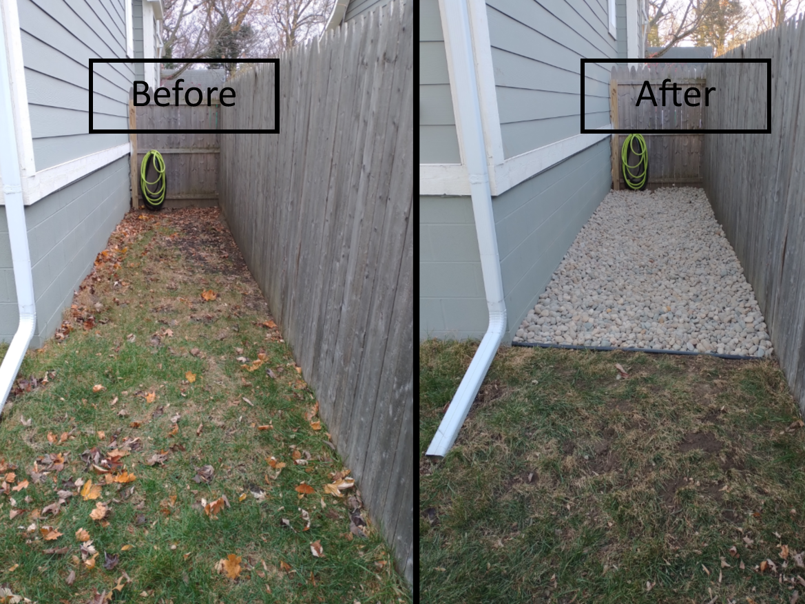 Before and after of a narrow side yard, changing from grass and leaves to gravel.