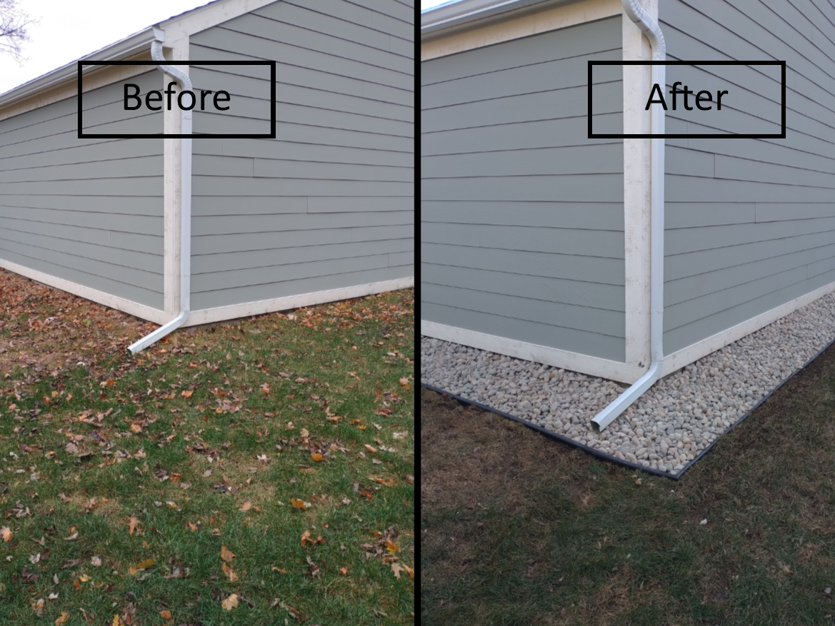 Before-and-after of a house corner with white trim and gravel; the 