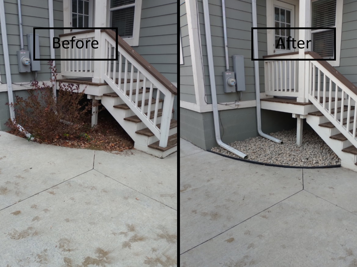Before-and-after of a front porch landscape: bare dirt replaced with gray gravel mulch.