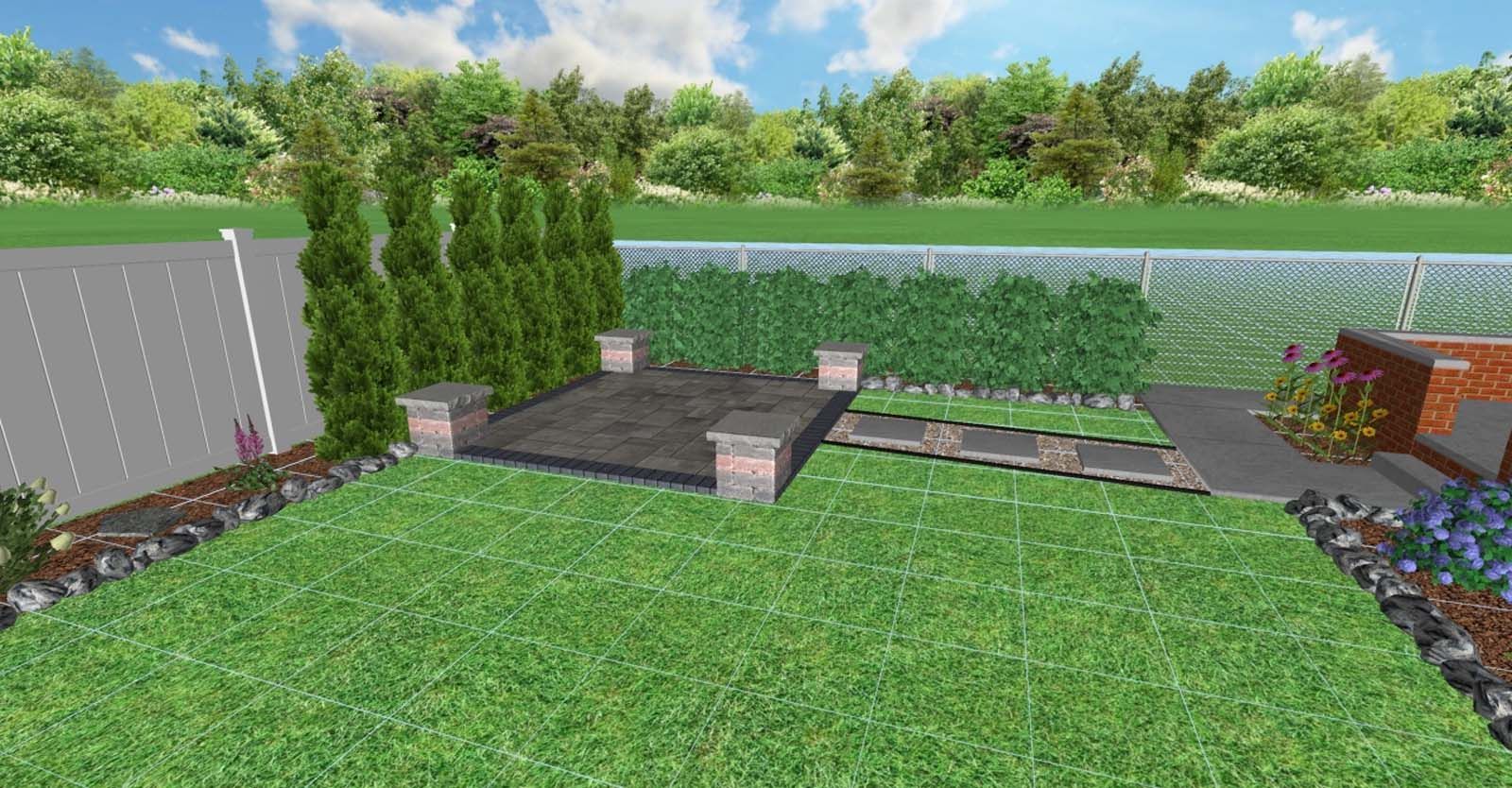 Modern backyard patio with gray seating, stone path, and green hedge beside a pond