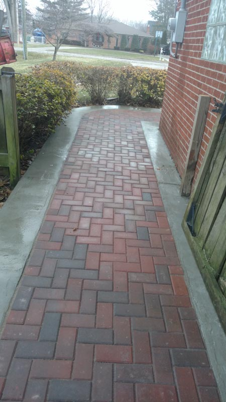 Red brick walkway leading to a street, bordered by bushes and a brick house wall.