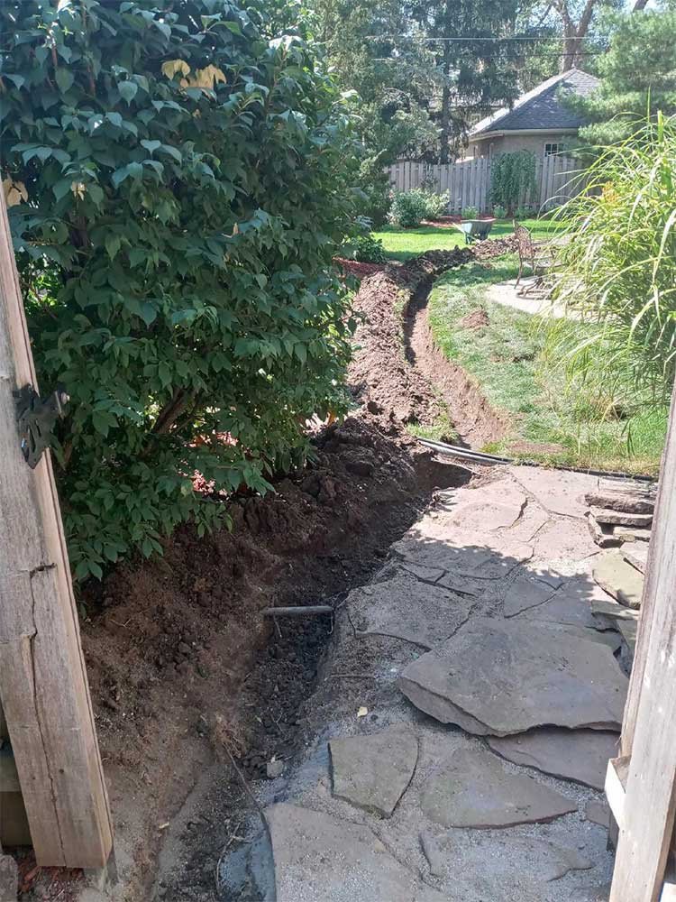 Narrow stone path beside overgrown greenery, with dirt trench leading to a garden and house in the background
