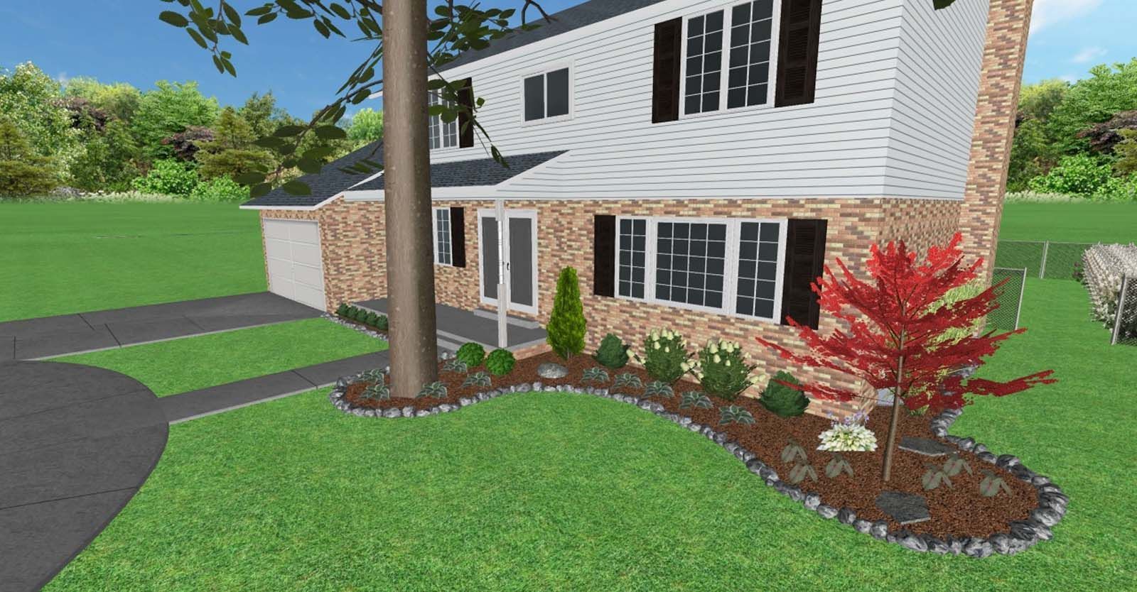 Suburban house exterior with brick, white siding, landscaped lawn, and red ornamental tree