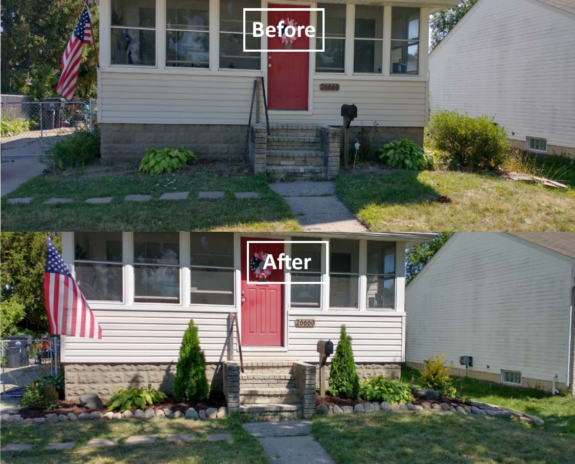 Before-and-after front of a house with a red door, showing landscaping improvements and added small shrubs.
