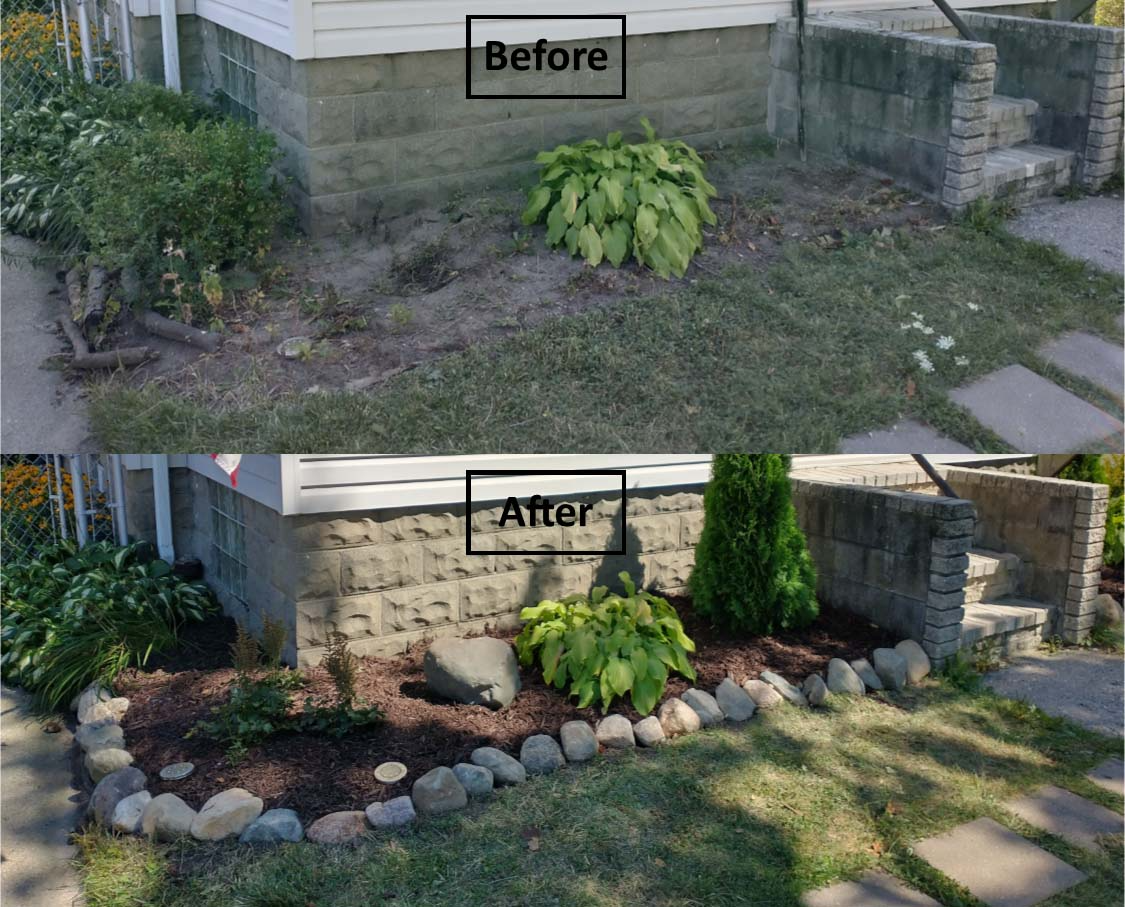 Before-and-after of a front yard garden bed with added rocks, mulch, and plants beside a house wall.