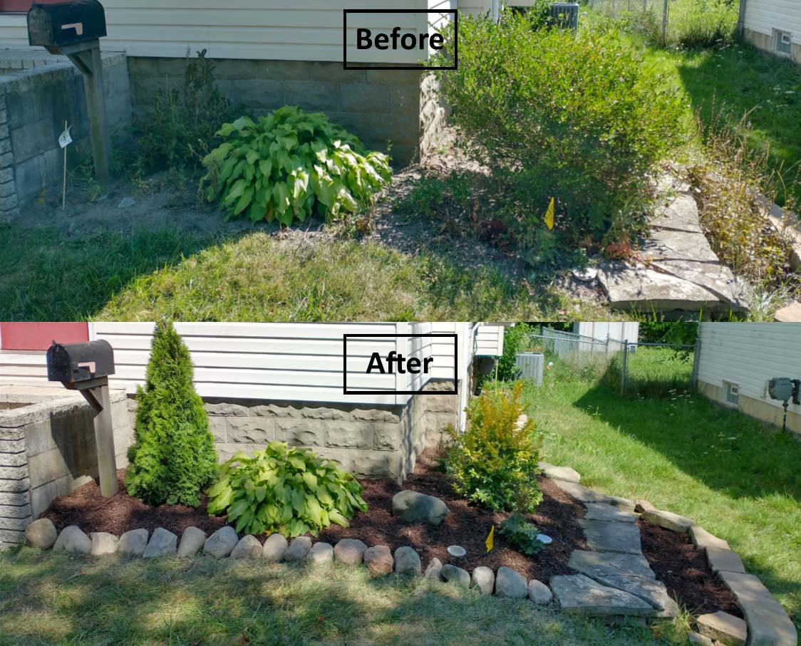 Before-and-after view of a front yard garden makeover with new rocks, shrubs, and edging.