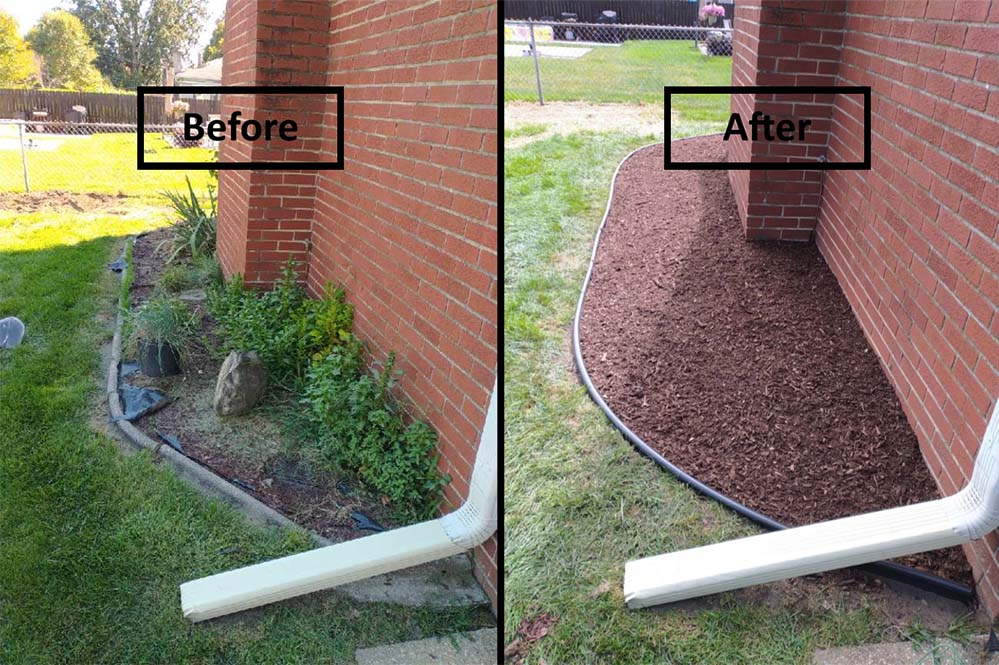 Before-and-after of a house foundation bed changed from grass and weeds to brown mulch along a brick wall.