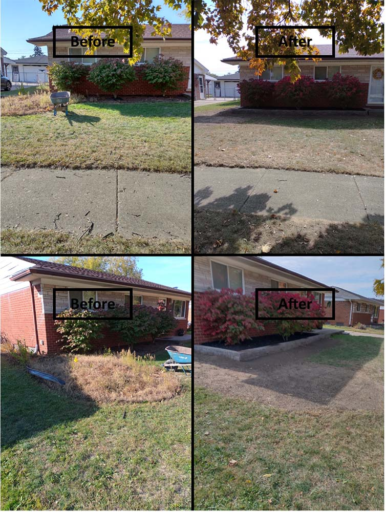 Before-and-after yard photos showing trimmed bushes and a cleaner lawn by a house.