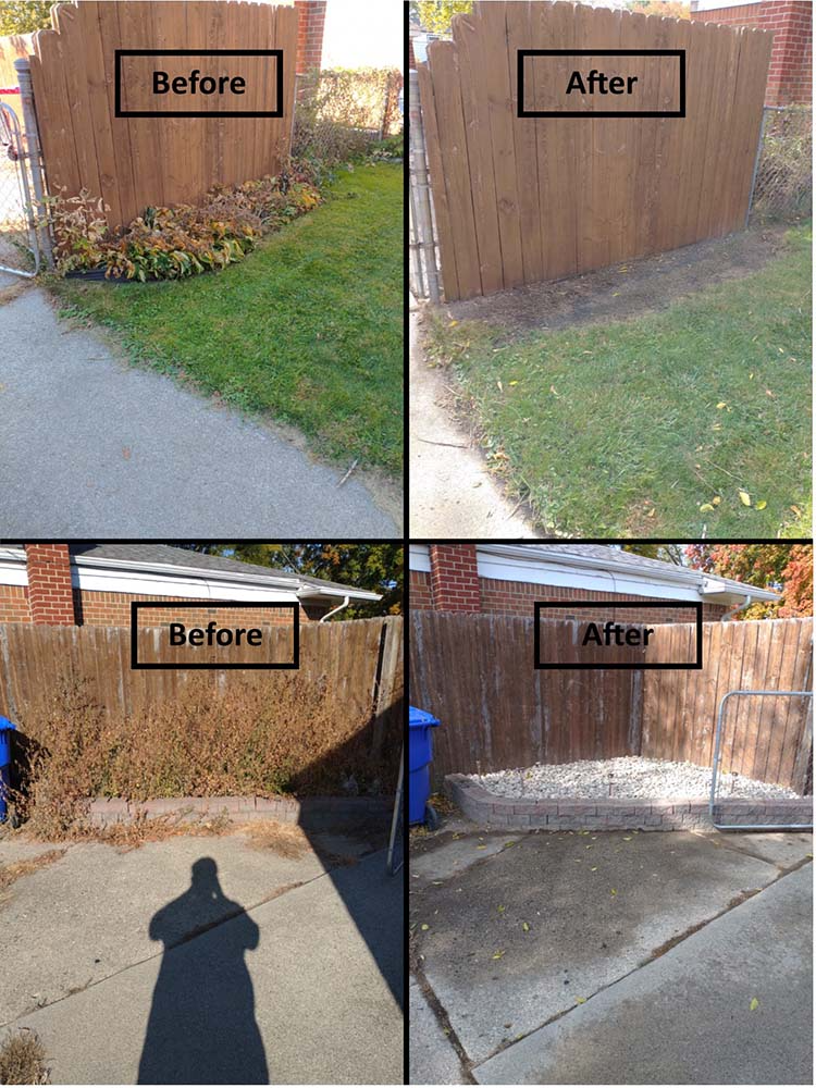 Before-and-after collage of a driveway and fence area, showing improved cleanup and resurfacing.