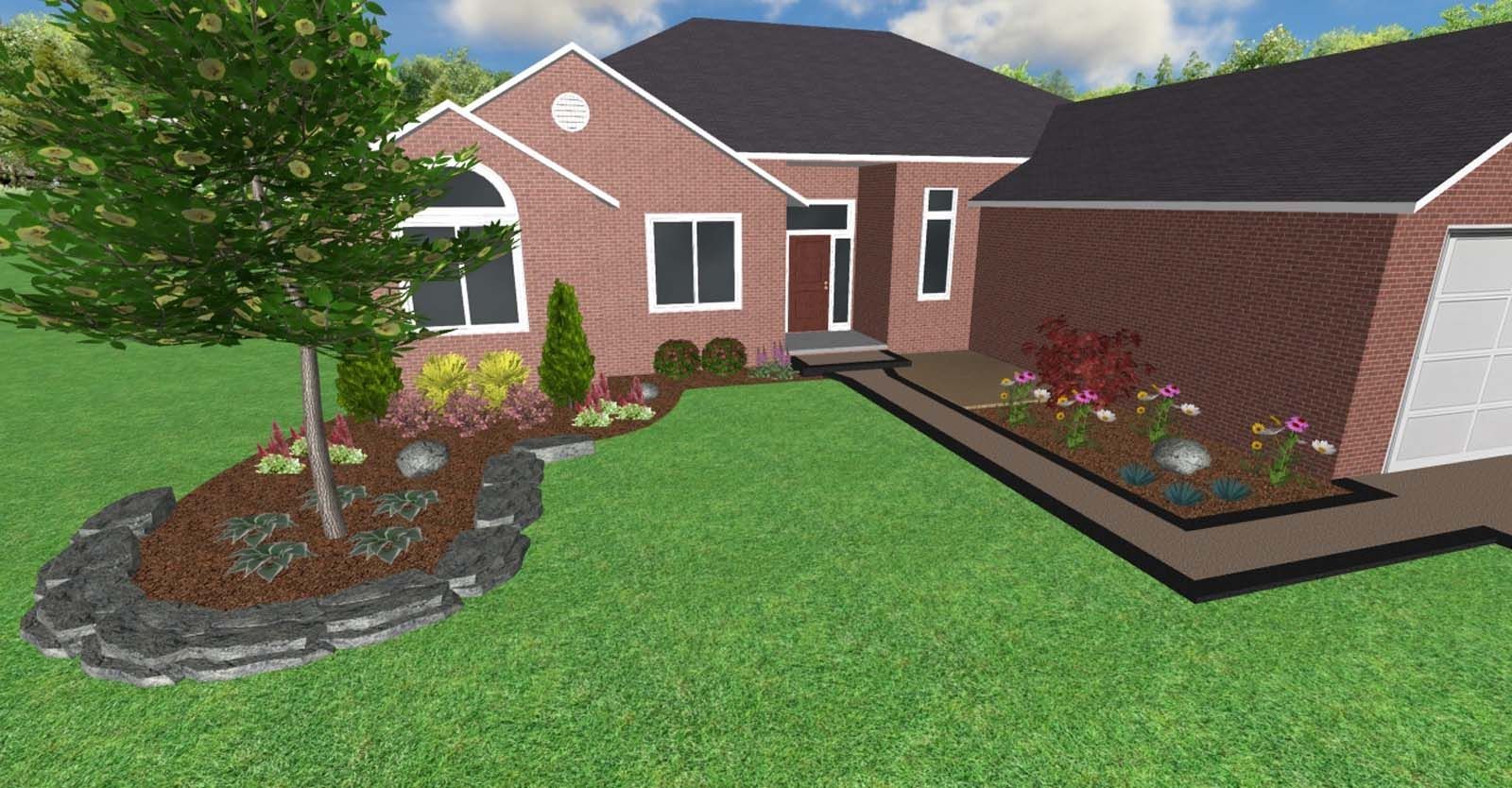 Brick suburban house with black roof, front lawn, flower beds, and a paved walkway