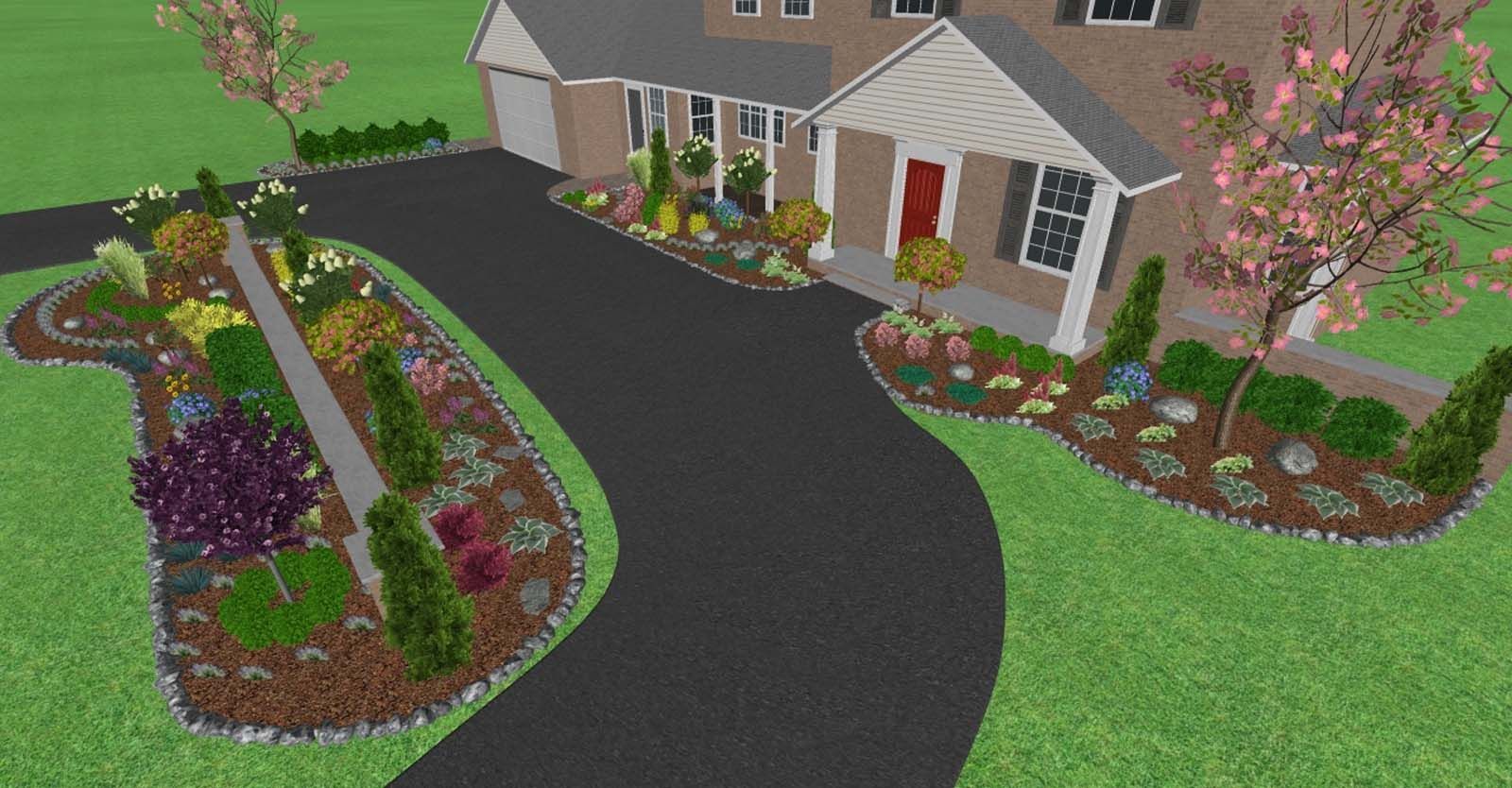 Front yard landscaping with curved black driveway, flower beds, and a house with a porch