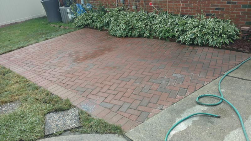 Brick patio beside a brick wall with shrubs, next to a concrete path and green garden hose.