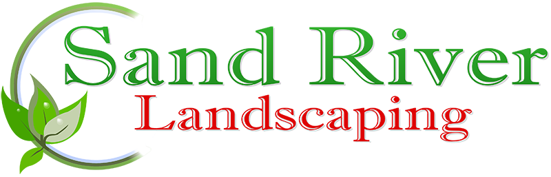 Sand River Landscaping logo with green and red text and leaf accents