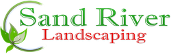 Sand River Landscaping logo with green and red text and leaf accents
