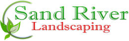 Sand River Landscaping logo with green and red text and leaf accents