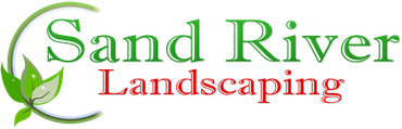 Sand River Landscaping logo with green and red text and leaf accents