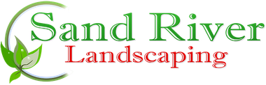 Sand River Landscaping logo with green and red text and leaf accents
