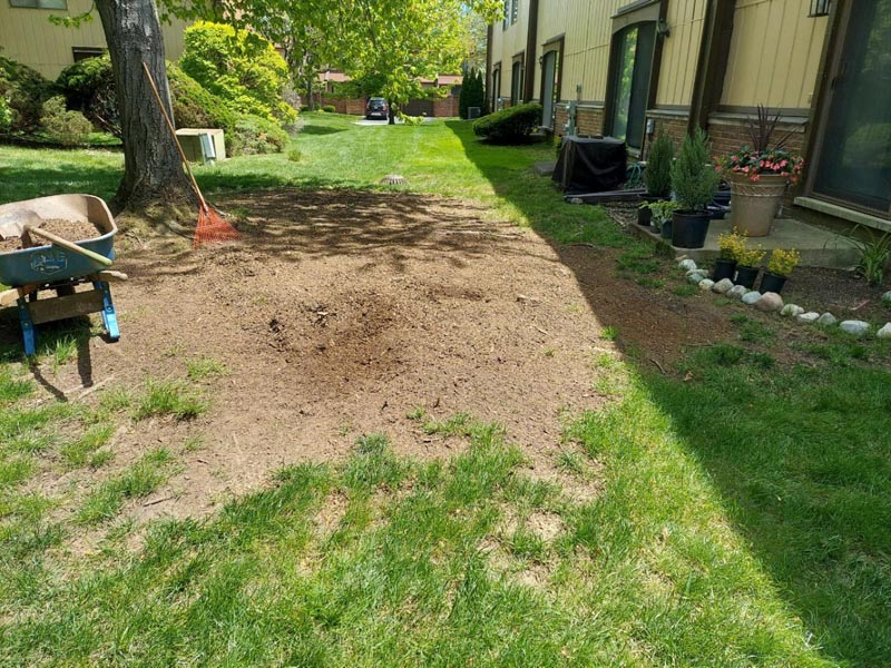 Backyard with a large bare dirt patch beside a house, surrounded by grass and trees.