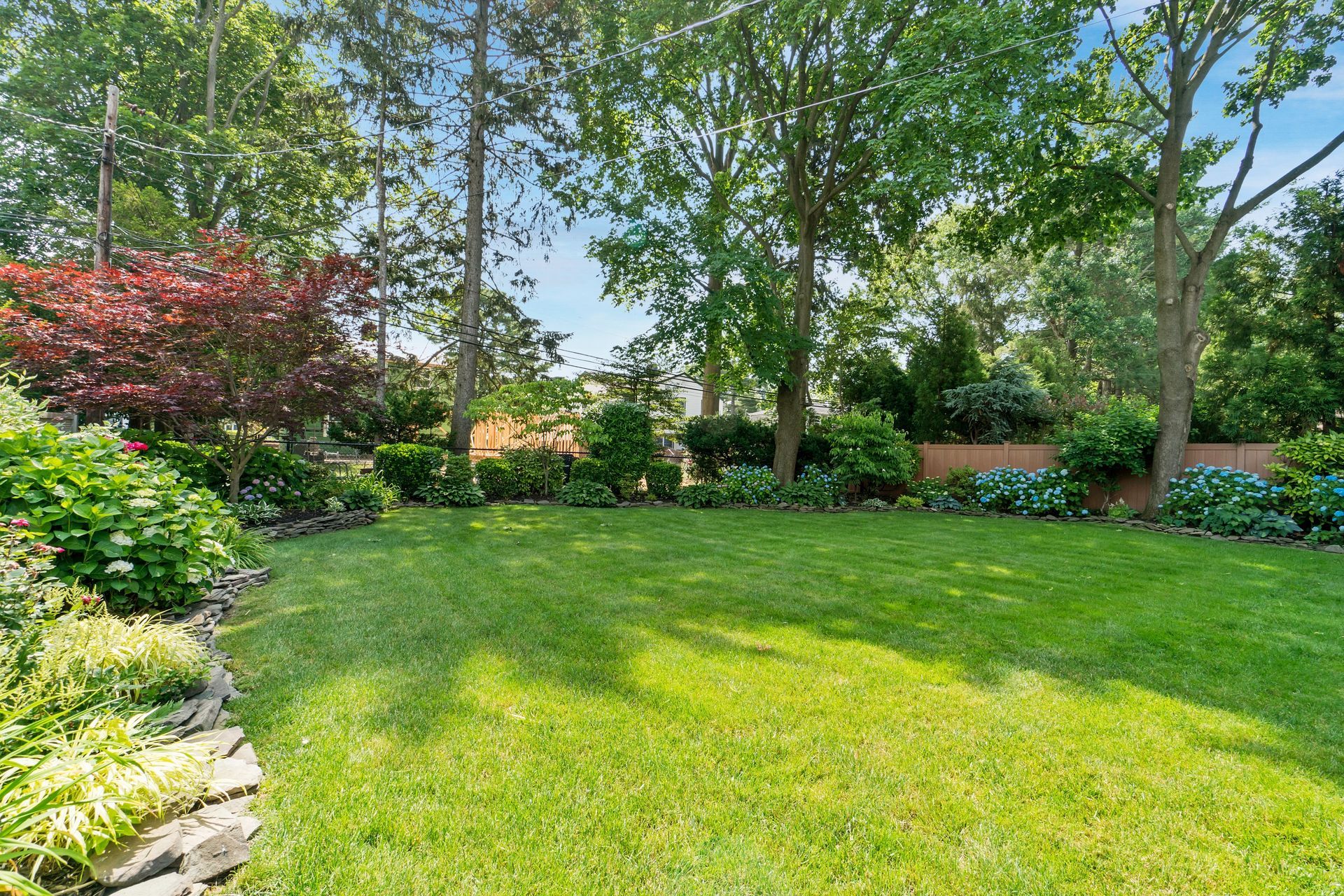 Sunny landscaped garden with green lawn, trees, shrubs, and flowering plants.