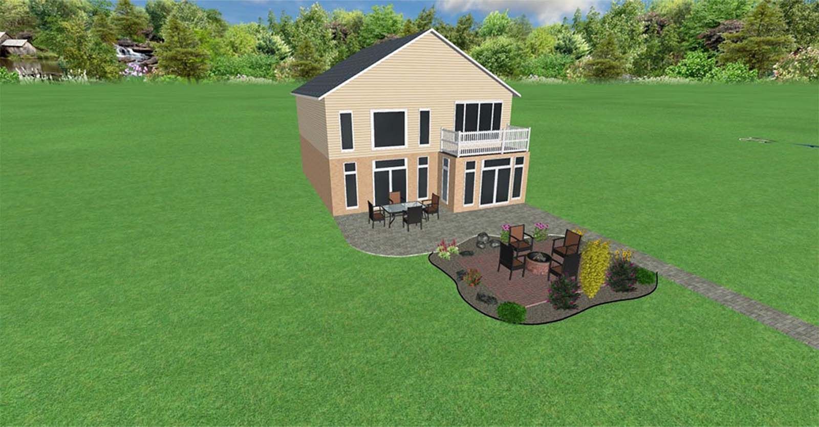 Two-story beige house with a patio and landscaped backyard on a green lawn under a clear sky